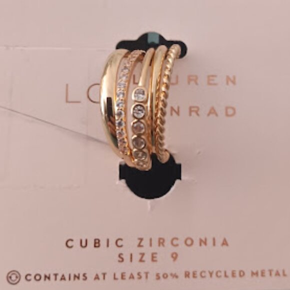 LC LAUREN CONRAD 5pc Gold & Crystal Bezel Set/Channel Set/Rope/Smooth SZ 9 Rings - Picture 1 of 3